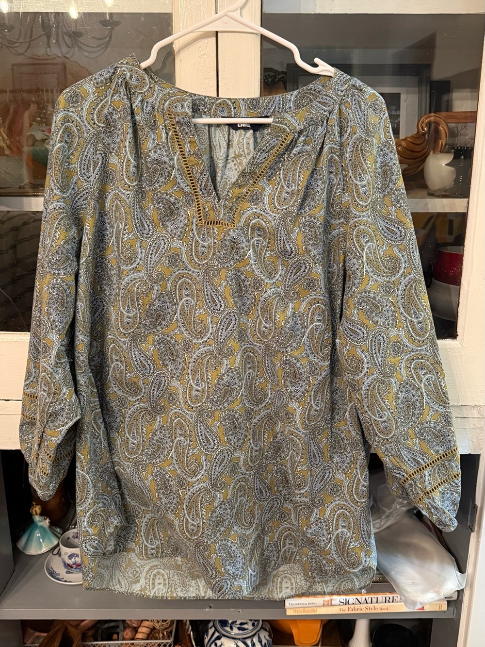 Lands' End Paisley V-Neck Tunic in Blue and Mustard